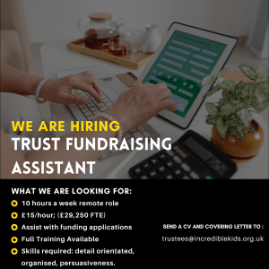 A person typing on a keyboard while working with a digital application on a tablet, accompanied by a calculator, notebook, and plant on a desk. Text overlay reads: 'We Are Hiring: Trust Fundraising Assistant.