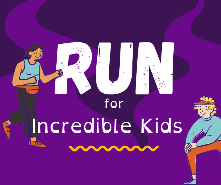 Purple image with two illustrated figures running and stretching. Text reads 'RUN for Incredible Kids'